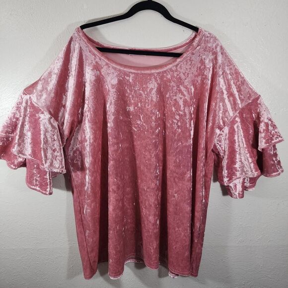 Cha Cha Vente Y2K Style Crushed Pink Velvet Bell Sleeve Blouse Size 2X - Picture 1 of 6